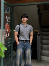 Front cut line henry-neck short sleeve t-shirt