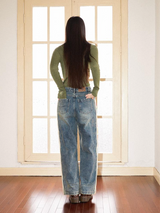 Crochet flower patchwork design, retro washed, loose straight-leg jeans
