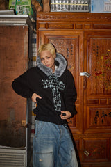Cross Skeleton Fur Hooded Zip-Up in Black