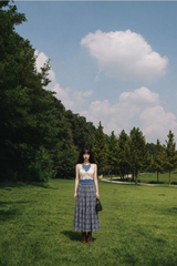 VINTAGE BLUE PLAID TIERED MAXI SKIRT