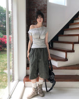 ロエアイレットストラップアンバランスショルダーTシャツ