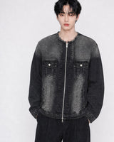 (UNISEX) No-Collar Over Denim Jacket