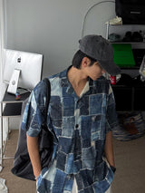 ASCLO デニムパッチワークグラフィックグランジシャツ