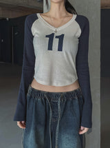 11 Vネックカラーマッチングラグラン長袖Tシャツ