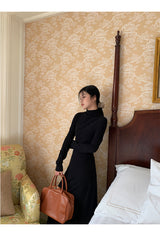 Half Turtleneck Black Flared Long Dress
