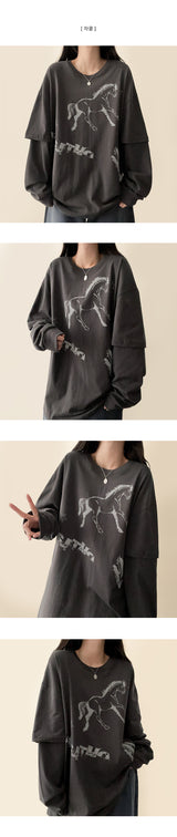 コメットビンテージプリントレイヤードオーバーサイズフィットロングスリ－ブTシャツ