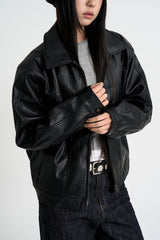 Curved leather overfit jacket