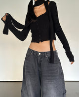 (SCARF & KNIT SET) DREAMY SOFT RIBBED CARDIGAN SCARF SEMI-CROPPED KNIT - 2 COLOR