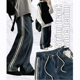 [S–XL] ロットストリングトラックワイドデニムパンツ