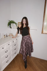 Unbalanced High Midi Checkered Skirt
