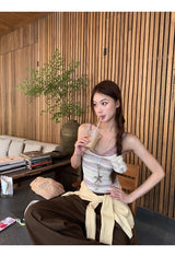 パープルレースストライプノースリーブTシャツ