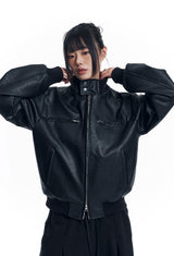 High Neck Leather Crop Jacket - Black