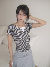 Isho Fake Layered Halter Stripe Button Short Sleeve T-shirt