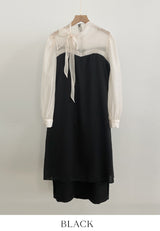 26SS★ Melage Chiffon Color Matching Tie H-Line One Piece