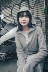 Hooded ribbon cardigan (Gray)