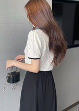 Caron Color Matching Openwork Puff Short Sleeve Knit