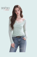 Mint chiffon mesh shirring long-sleeve tee
