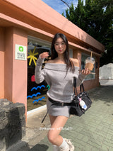 off-shoulder knit v-neck mini dress