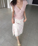 from cream floral chiffon midi sk
