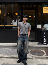 Front cut line henry-neck short sleeve t-shirt