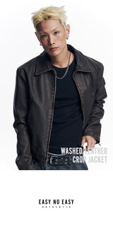 Washed Leather Crop Jacket - Brown