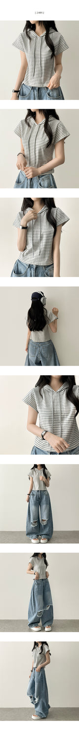 Linka Stripe Dangara Half Crop Short Sleeve Hoodie