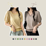 Lean-Linen カラーストライプダンガラ半袖ニット [Round Neck & V-Neck]
