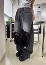 LACE DAMAGE BLACK DENIM
