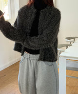 Hairy crop round knit cardigan(3color)