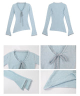 Sky V-neck Lace Bow Long Sleeve T-shirt