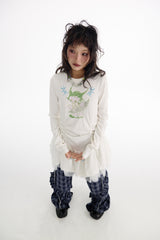 ホワイトメッシュスカートプリンテッドTシャツ