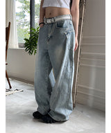 [Unisex] Side curve line wide denim pants(4color)