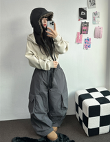 ヒーター❤カーゴオーバーロングバンディングパンツ 🩶🖤🤎💚4COLOR