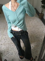 Chloe Button Roll Up 3/4 sleeve 2-Way Vneck (5c)