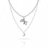 [BABY MONSTER Ahyeon, Luka Necklace] Princess Bow and Moon Layered Necklace - Silver Color