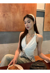 Twisted halter lace V-neck sleeveless top