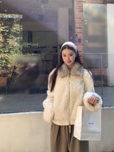 cream soft fur zip-up collar jacket
