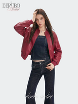burgundy cropped wide leather jacket