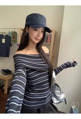 Stripe Slim Off-Shoulder Long-Sleeved Knit T-Shirt