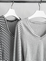 マインドVネックストライプ長袖スパンTシャツ