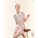 [GirlyFancyClub] Energetic Girl Academy Pink Short-sleeved Knit Pleated Skirt