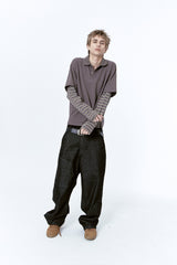 (BASE) LAYERED STRIPE POLO L/S TEE (CHARCOAL)