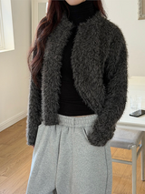 Hairy crop round knit cardigan(3color)