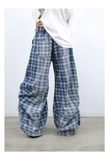 RELABEL (Gemeng) Flower Bud Balloon Check Print Draped Loose-Fit Crinkled Gradient Washed Denim Trousers