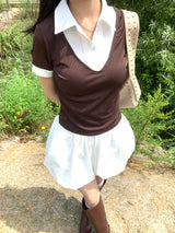 Cafe レイヤードピンタックシャツ ブラウン 半袖Tシャツ (Brown)