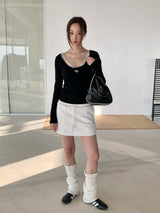 レースディテールVネックツイストロングスリーブTシャツ