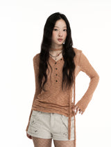 CONFUN Silver Striped Micro Transparent Flowing Long Sleeve Polo Shirt