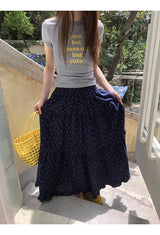 Cozy Navy Flower Frill Long Banding Skirt