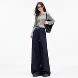 Navy Check Asymmetric Waist Wide-Leg Trousers