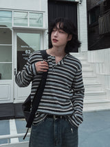ウーバーストライプヘンリーネック長袖Tシャツ